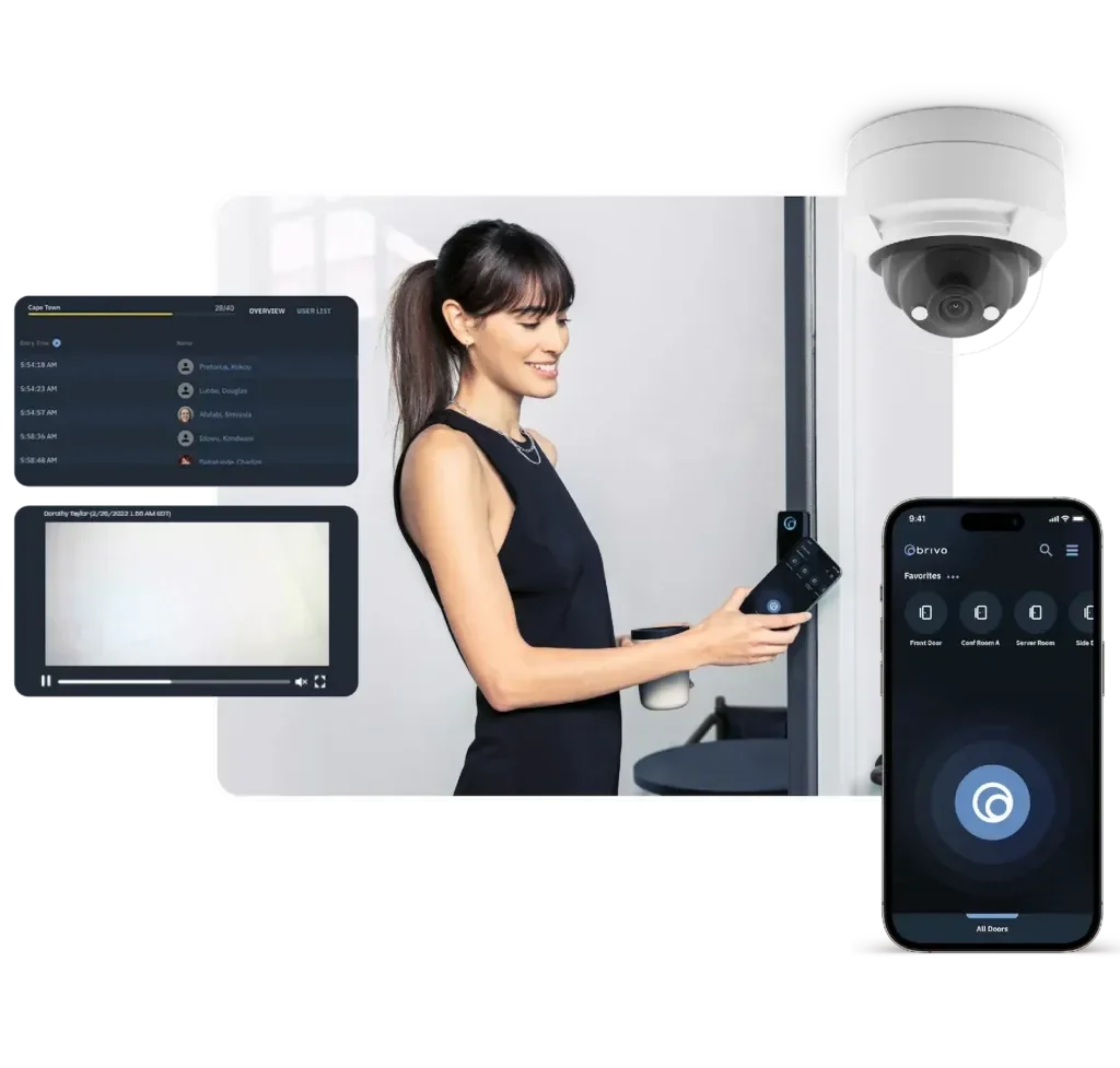 A woman using a remote control to manage a security camera system and door access on her smartphone in a modern office environment.