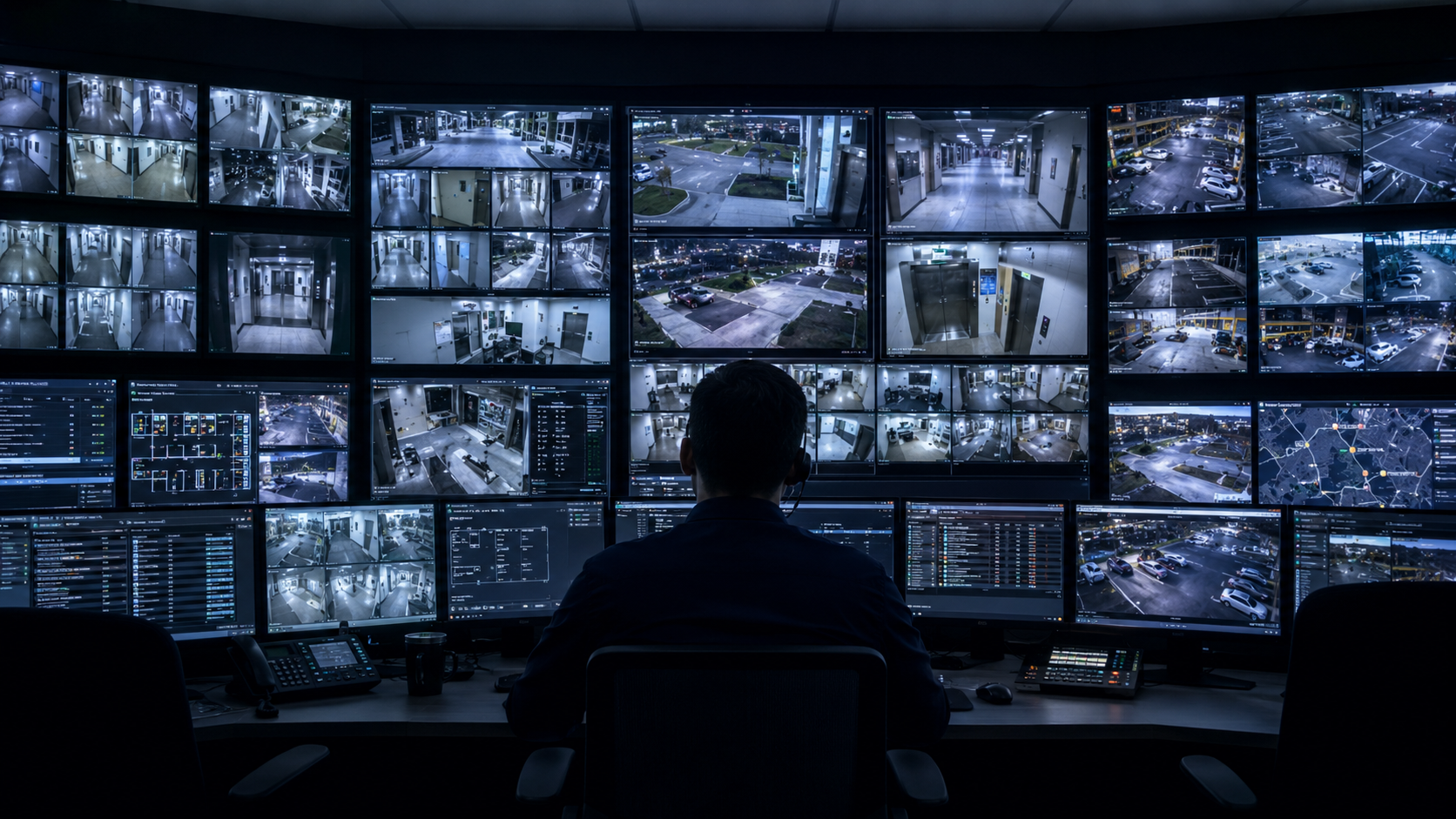 Central monitoring station control room with multi-screen video surveillance security footage.