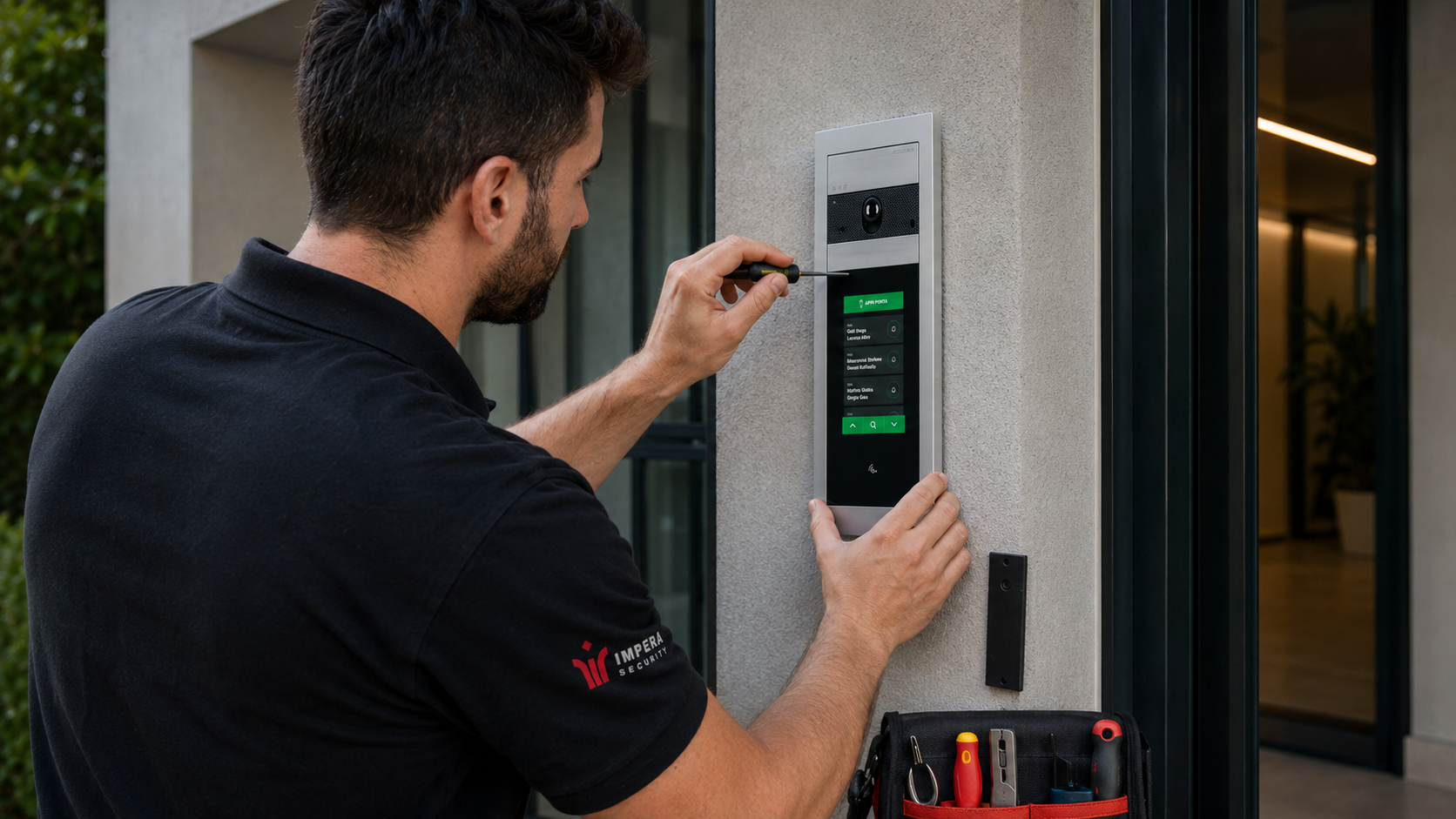 A professional security technician installing a modern building video intercom system at a property entrance.