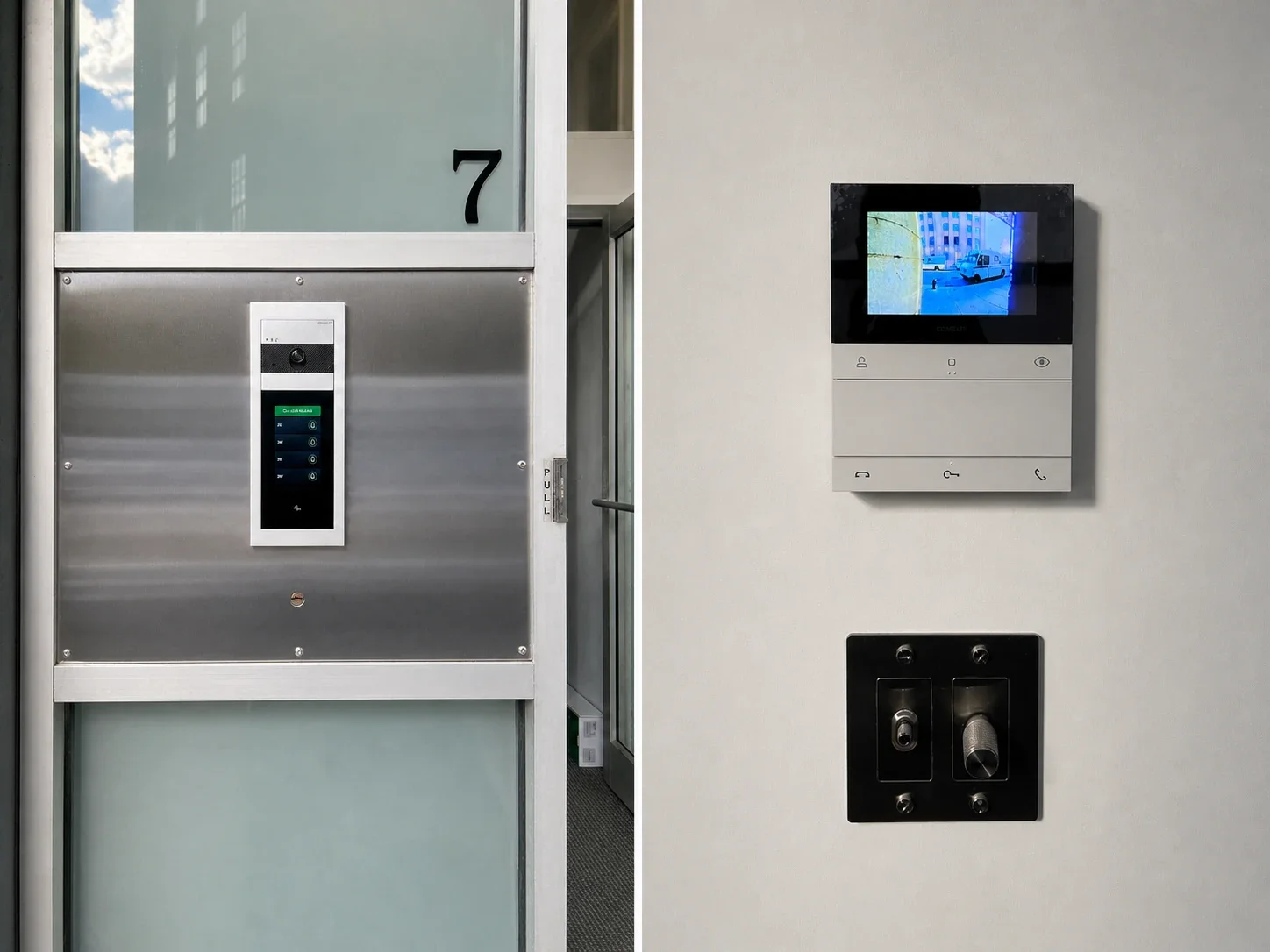 Multi-tenant apartment building intercom panel installed next to a residential unit entrance.