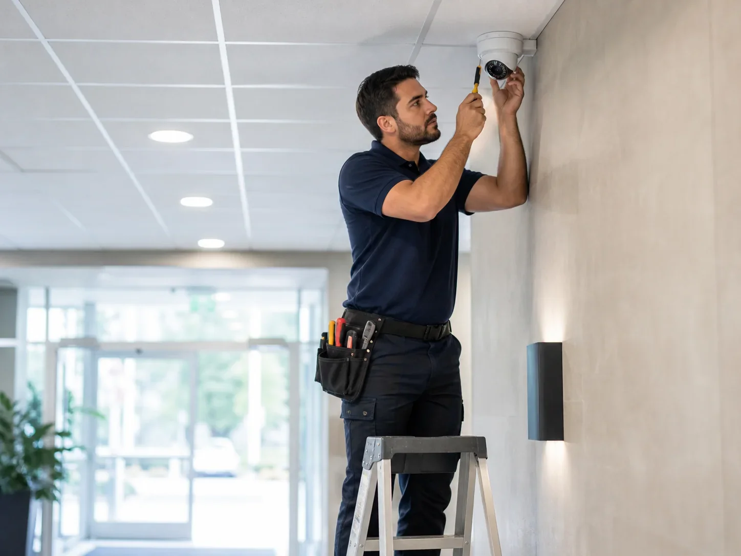 A professional security technician installing a commercial surveillance camera on an interior building wall.