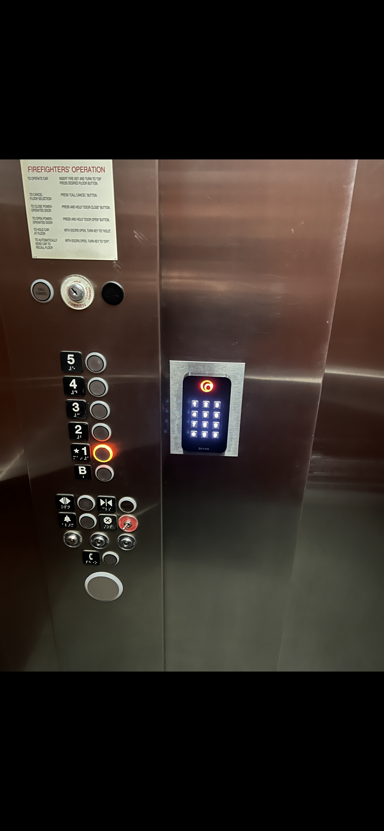 Brivo elevator access control system installed to manage floor access and enhance building security.