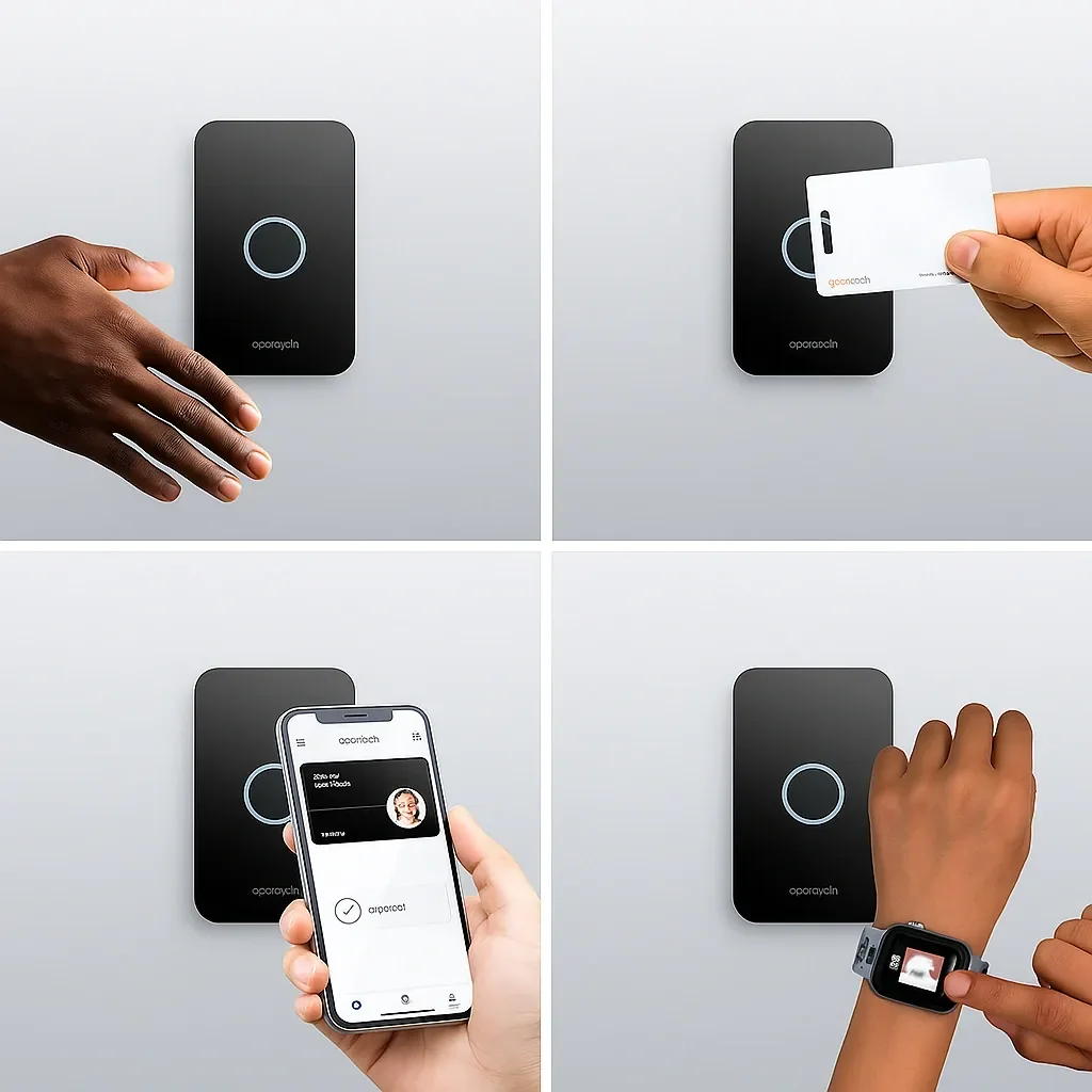 A four-step process showing how to use a contactless access control system with a smartphone, key card, and smartwatch.