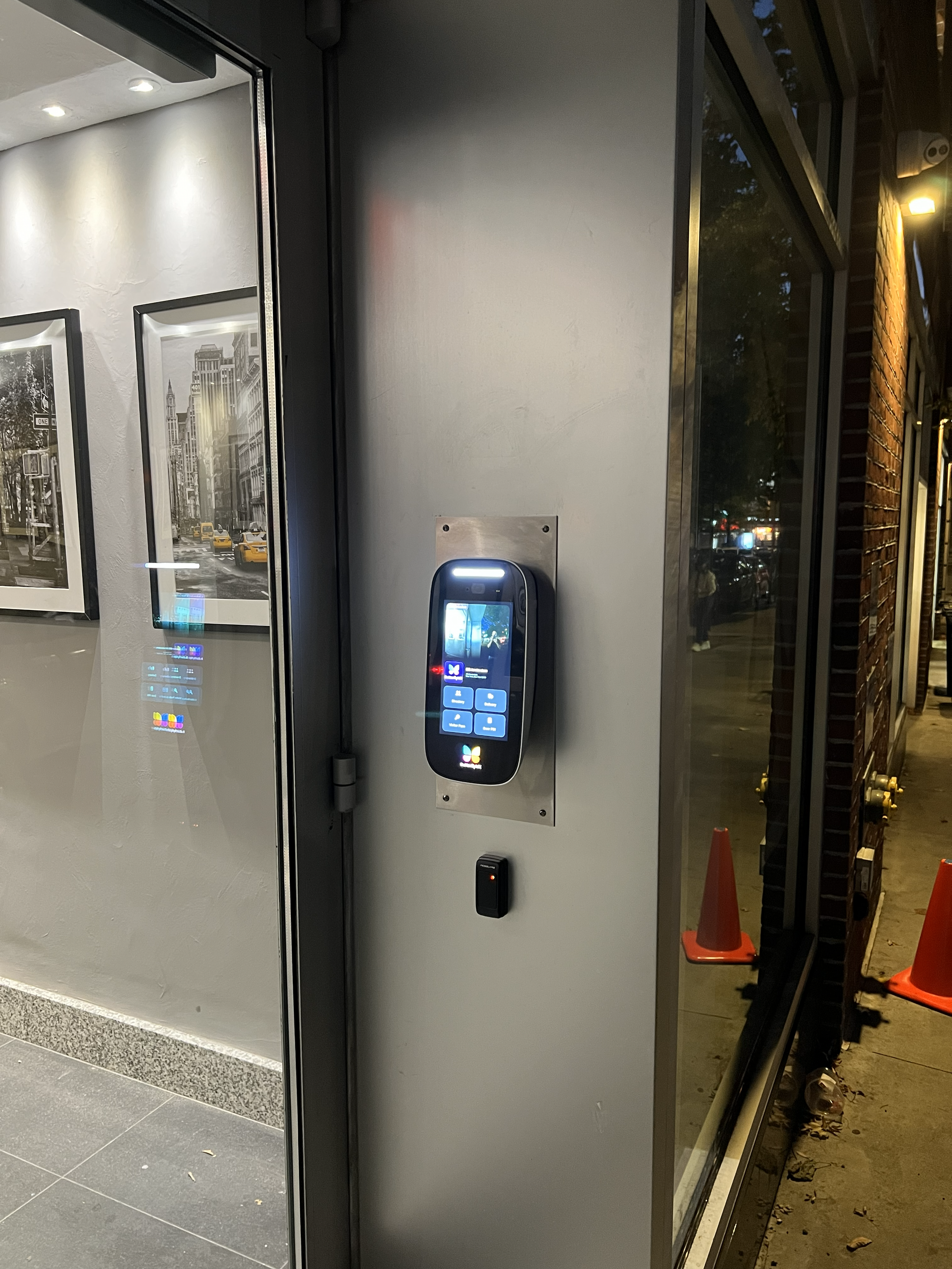 ButterflyMX video intercom system installation at a multi-tenant commercial residential property entry.