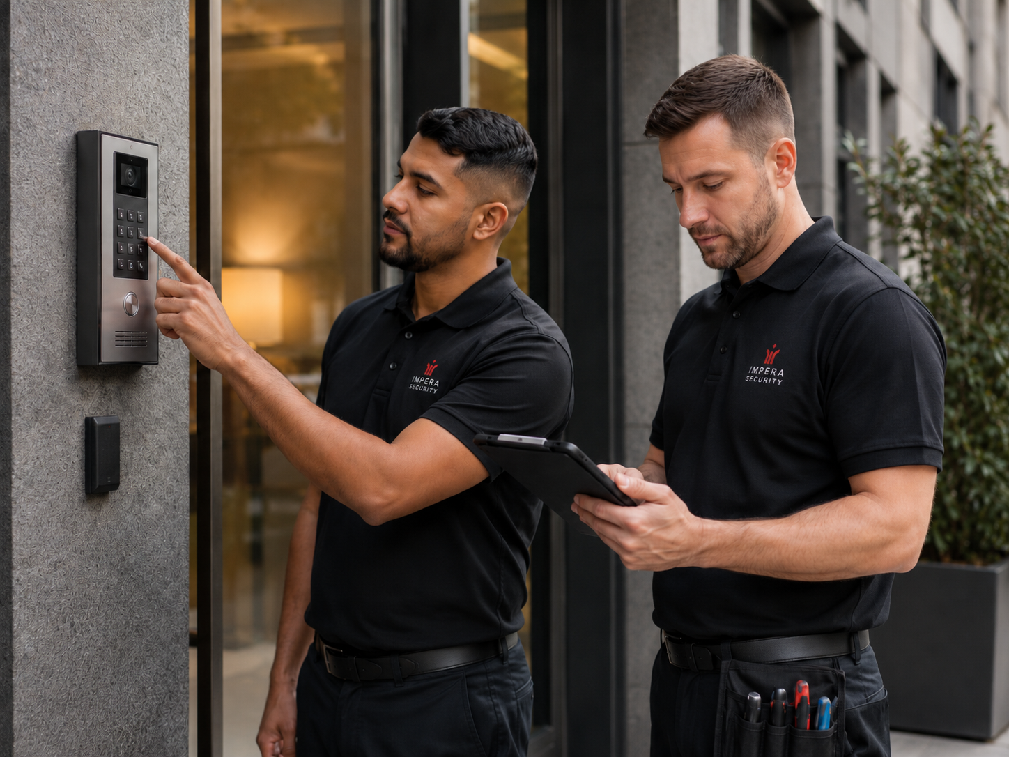 Professional security technicians testing and installing a commercial building video intercom system.
