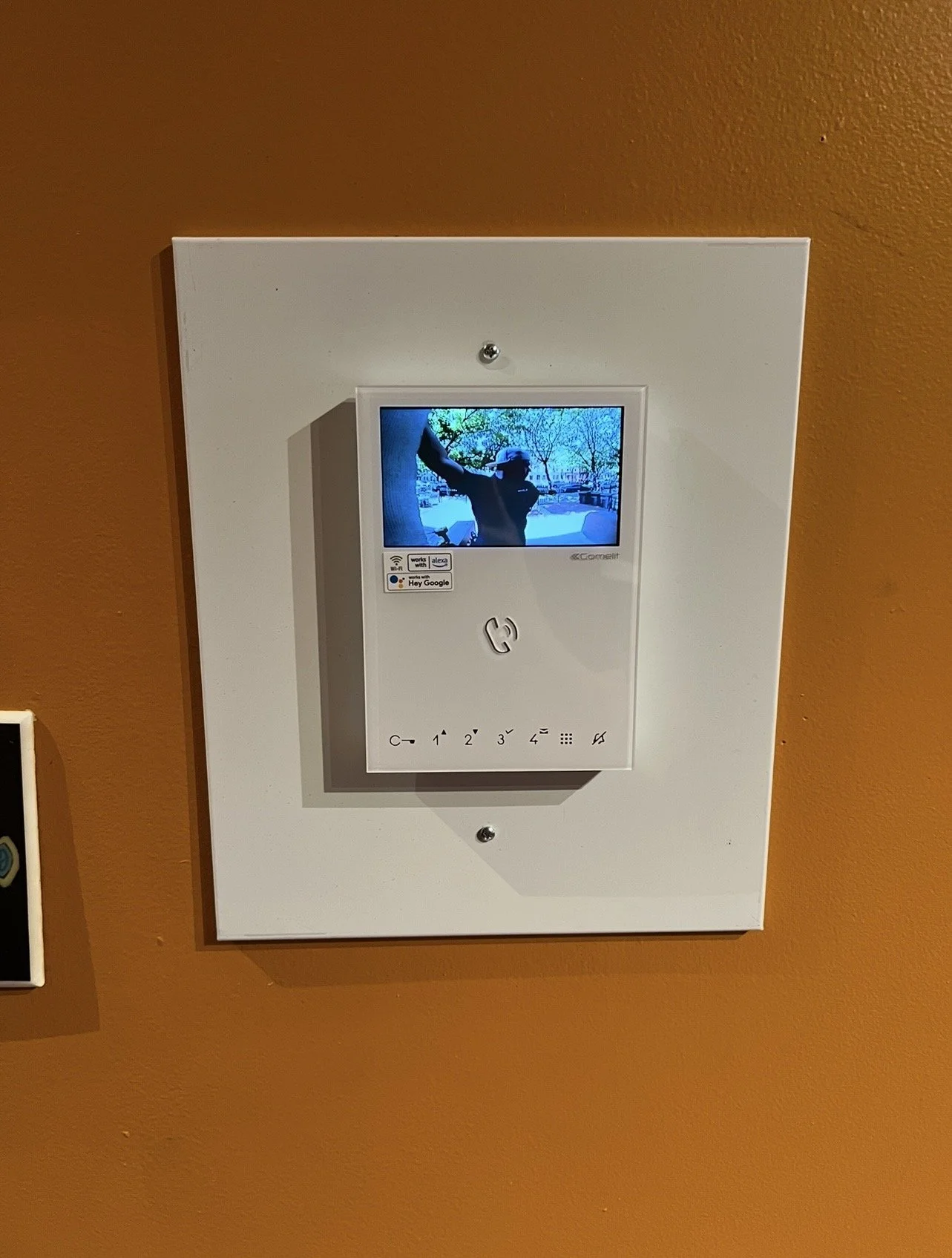 Video intercom system with a small screen displaying a person outdoors by a tree in winter, mounted on an orange wall.