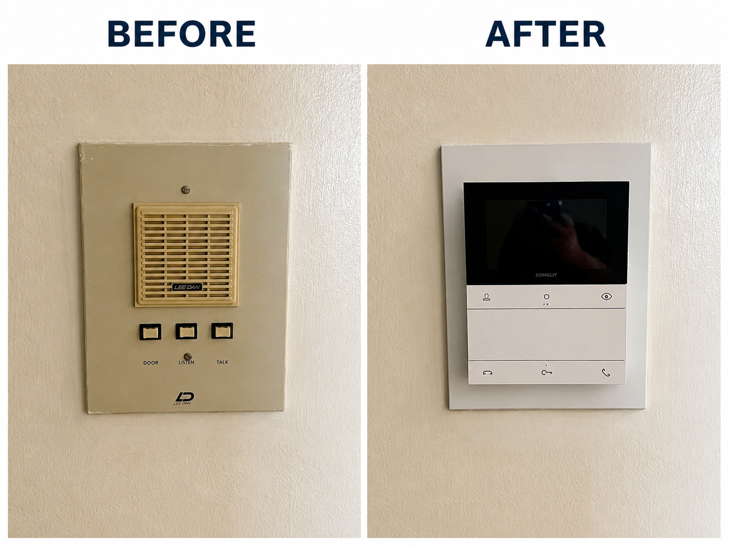Comelit Intercom Installation. Before and After photo. 