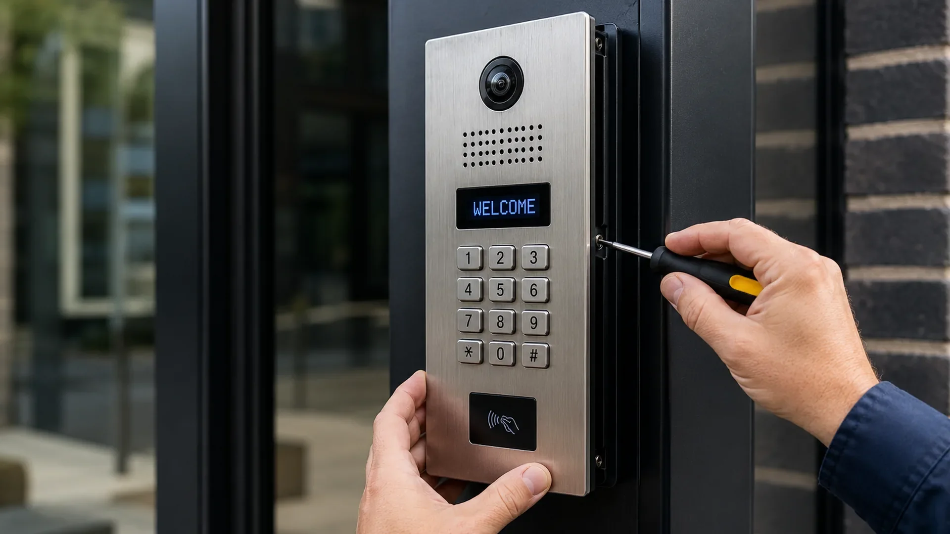 Professional intercom system installation and keypad programming for a commercial property entrance.