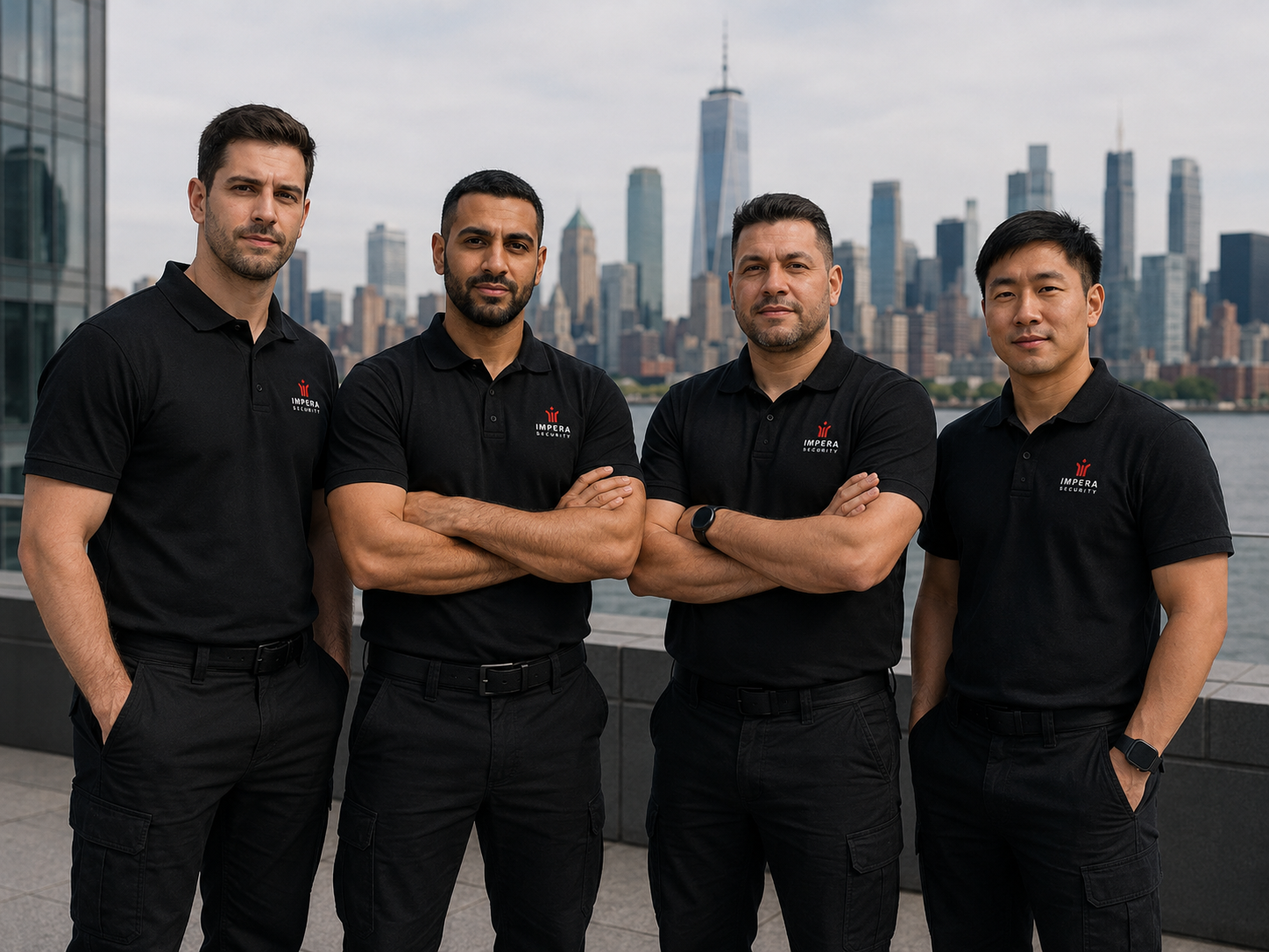 The Impera Security team in professional uniform with the New York City skyline and One World Trade Center in the background.