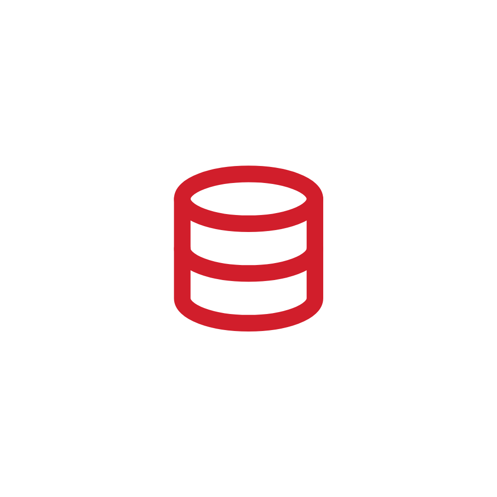 Icon of a red database stacked with three layers on a black background