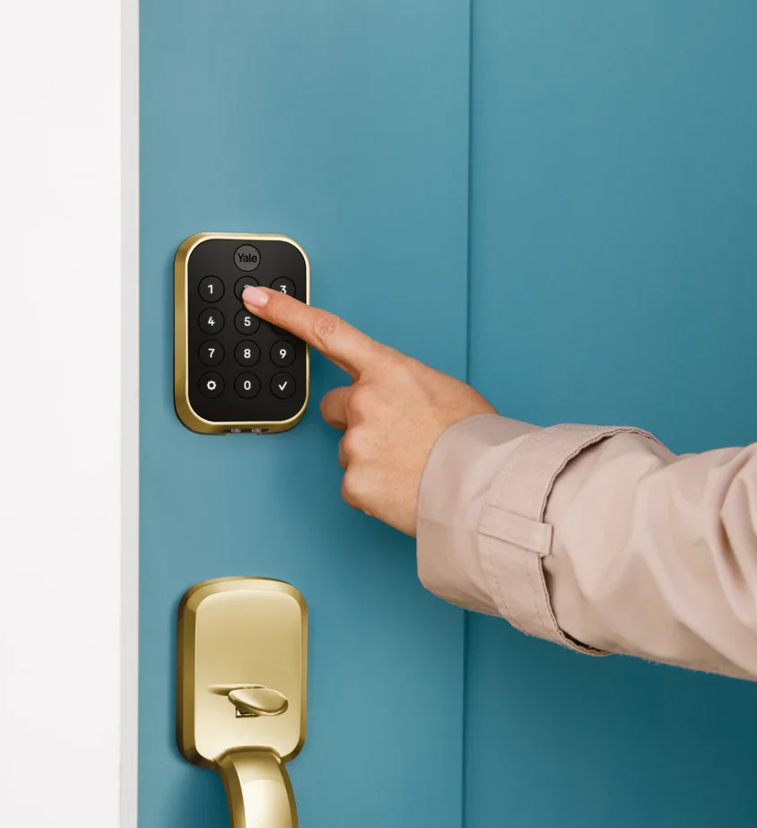 Commercial building electronic keypad door lock and secure access control installation.