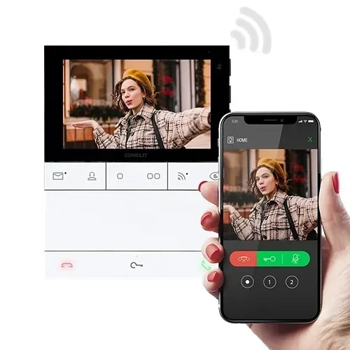 Mobile app interface showing a live video intercom call from a building entrance.