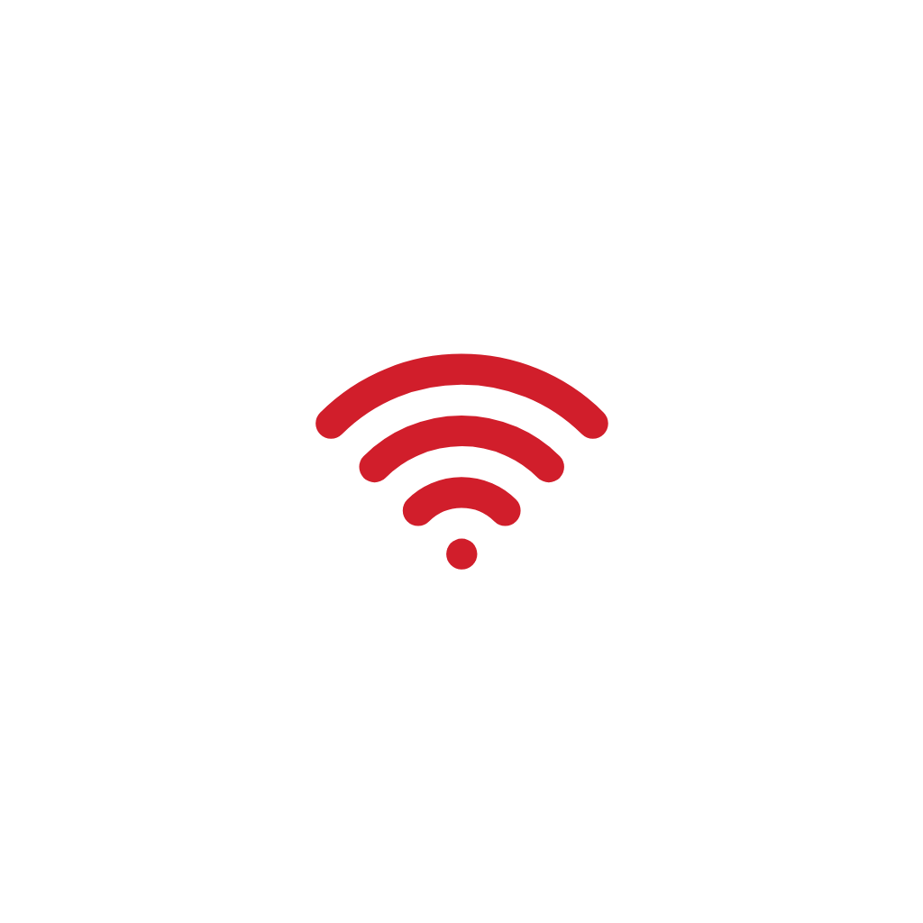 Wireless internet icon depicted with curved red lines and a dot on a black background.