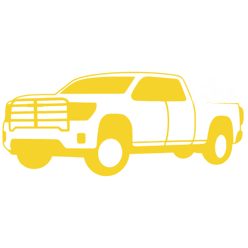 Graphic of a yellow pickup truck with trash in the back and the text 'Indiana Trash Valet' above and below.