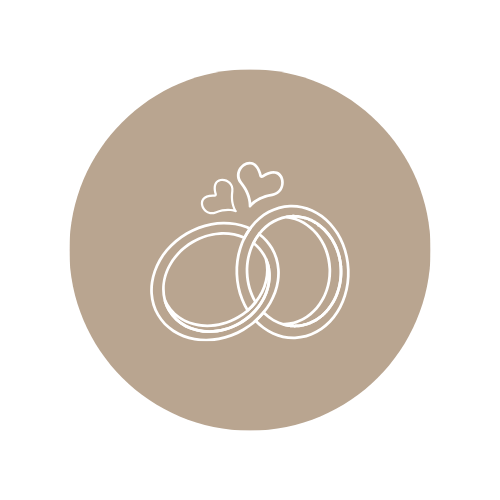 Illustration of two wedding rings intertwined with two small hearts above them, set against a beige circular background.