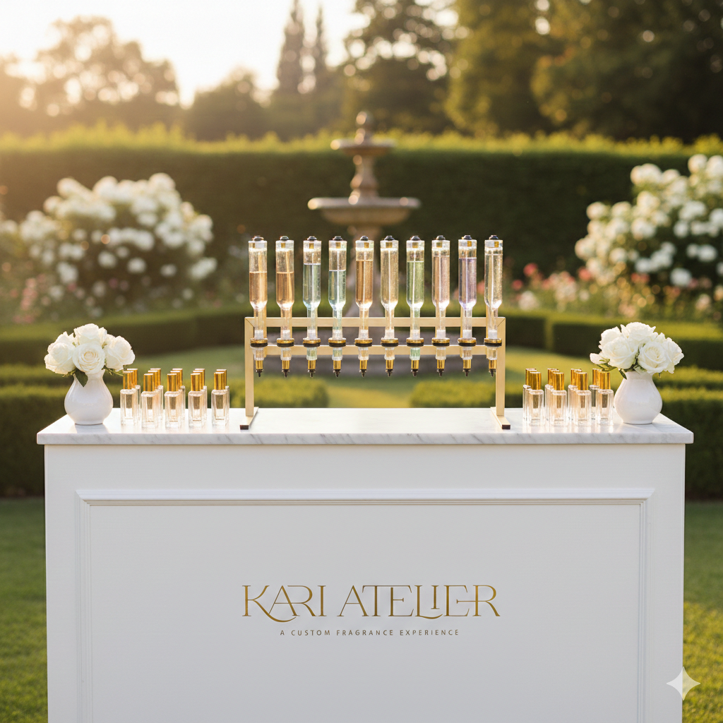 A perfume diffuser station with test tubes containing fragrance oils on a white table outdoors, decorated with white roses in vases, with a garden and fountain in the background.