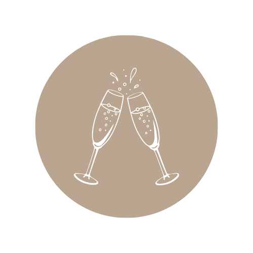 Two champagne flutes clinking together inside a beige circle.
