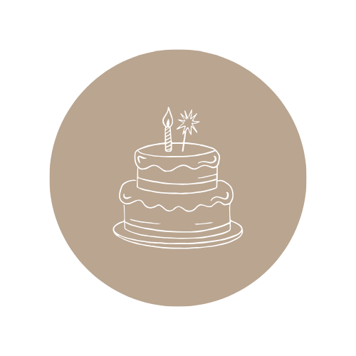 A simple white line drawing of a birthday cake with a lit candle and a sparkler on top against a beige circular background.