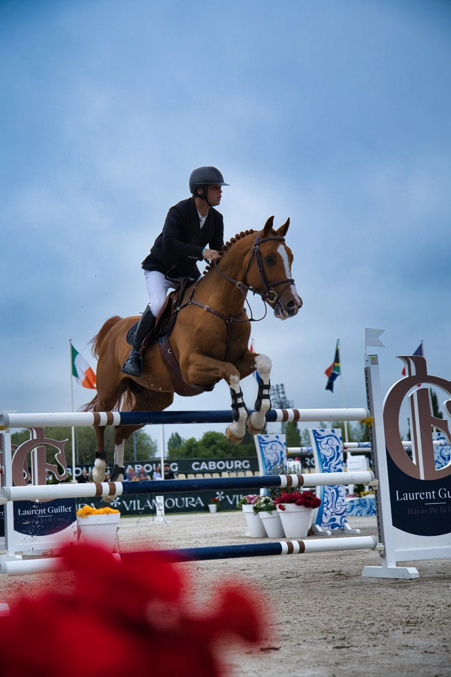 Un cavalier en compétition de saut d'obstacles à Cabourg, sautant une barre avec son cheval brun lors d'un événement équestre, sous un ciel nuageux, avec des drapeaux et des fleurs en décor.