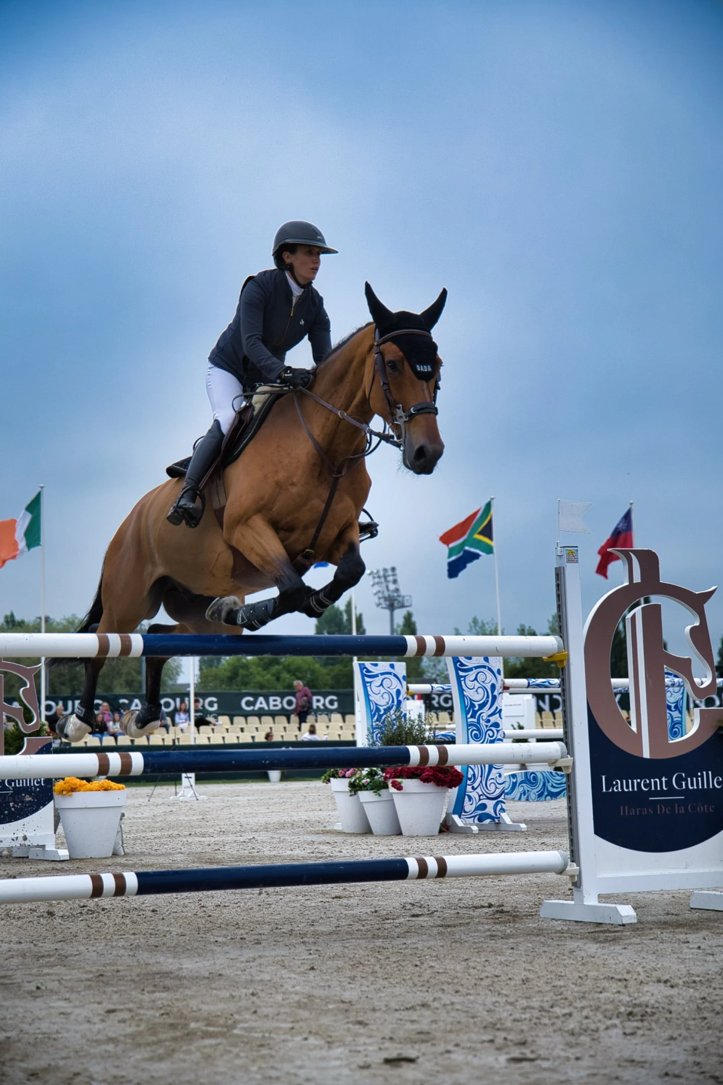 Un cavalier et son cheval sautent un obstacle lors d'une compétition d'équitation à Cabourg, avec des drapeaux, des fleurs et des panneaux en arrière-plan.