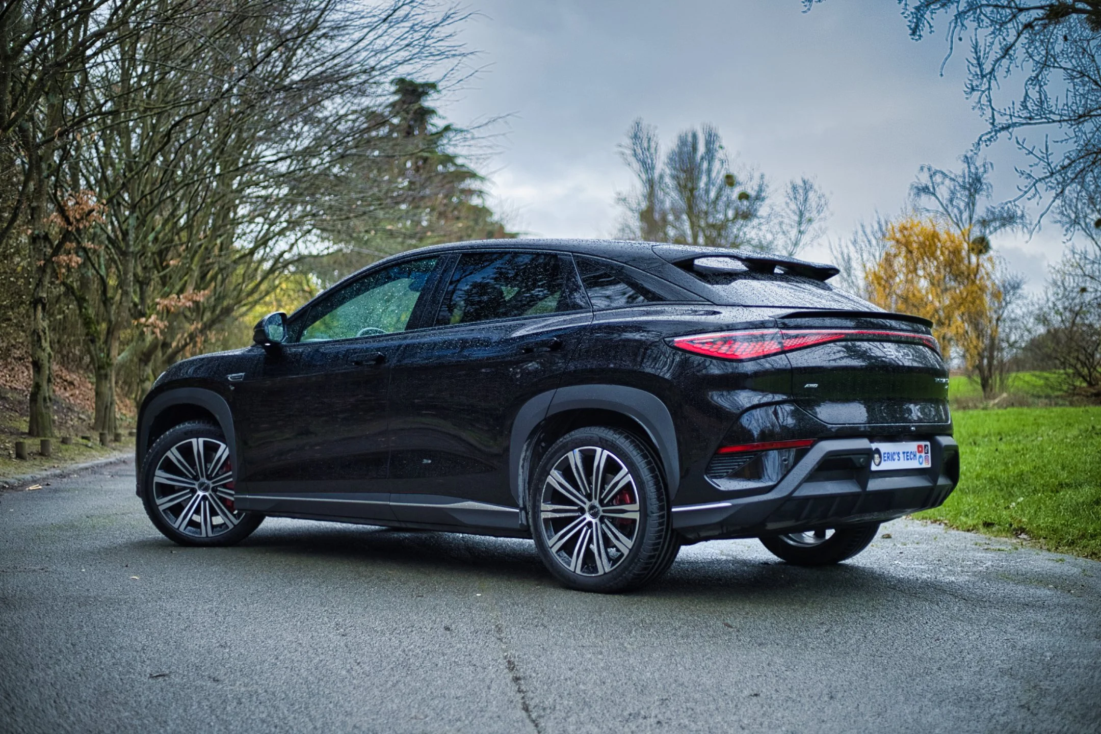 BYD Sealion 7 stationnée sur la route dans un parc avec des arbres en arrière-plan, sous un ciel nuageux.