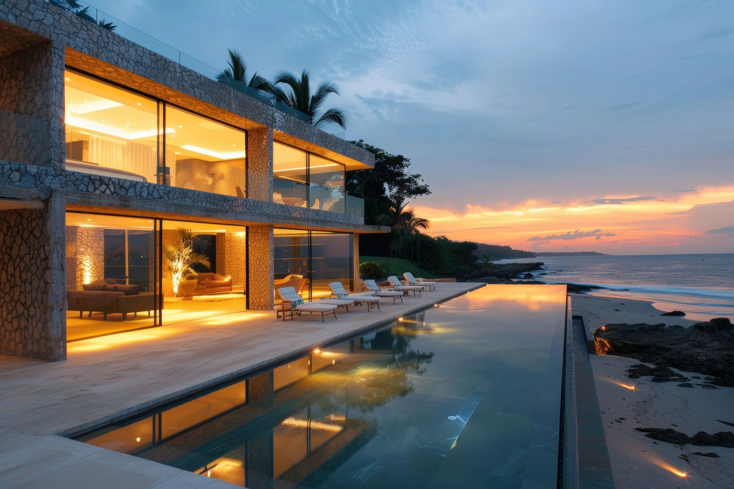 Modern luxury oceanfront villa at sunset with infinity pool requiring professional Vero Beach property management and seasonal home watch services