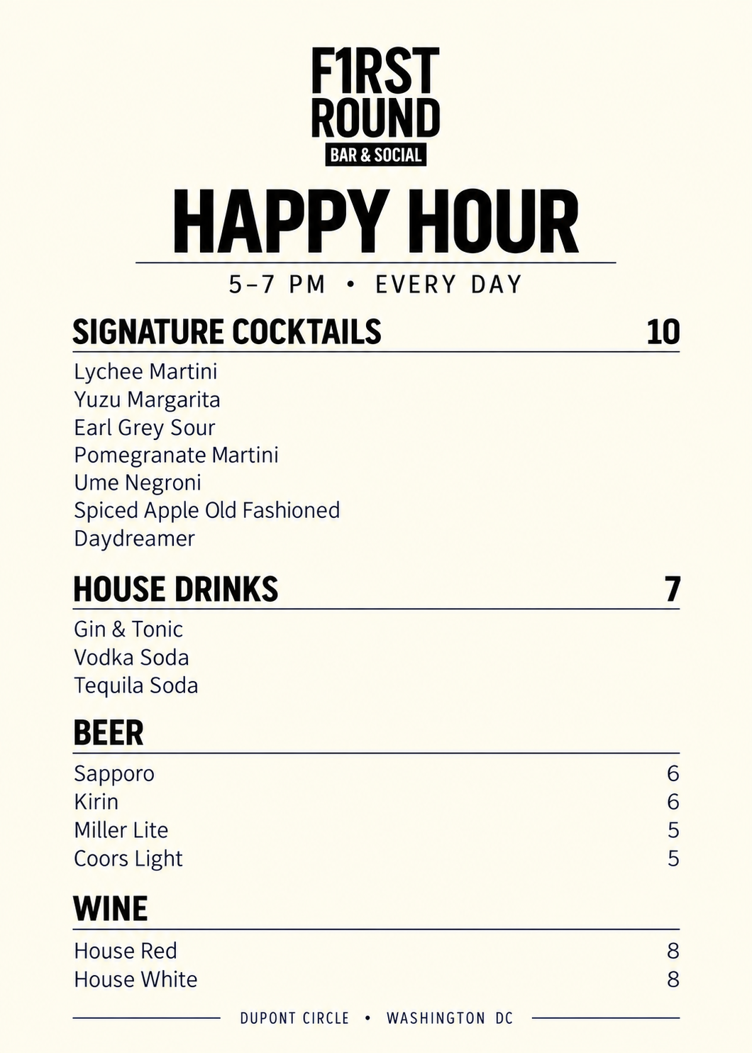 Menu from First Round Bar & Social offering happy hour from 5 to 7 PM daily, featuring signature cocktails, house drinks, beer, and wine.