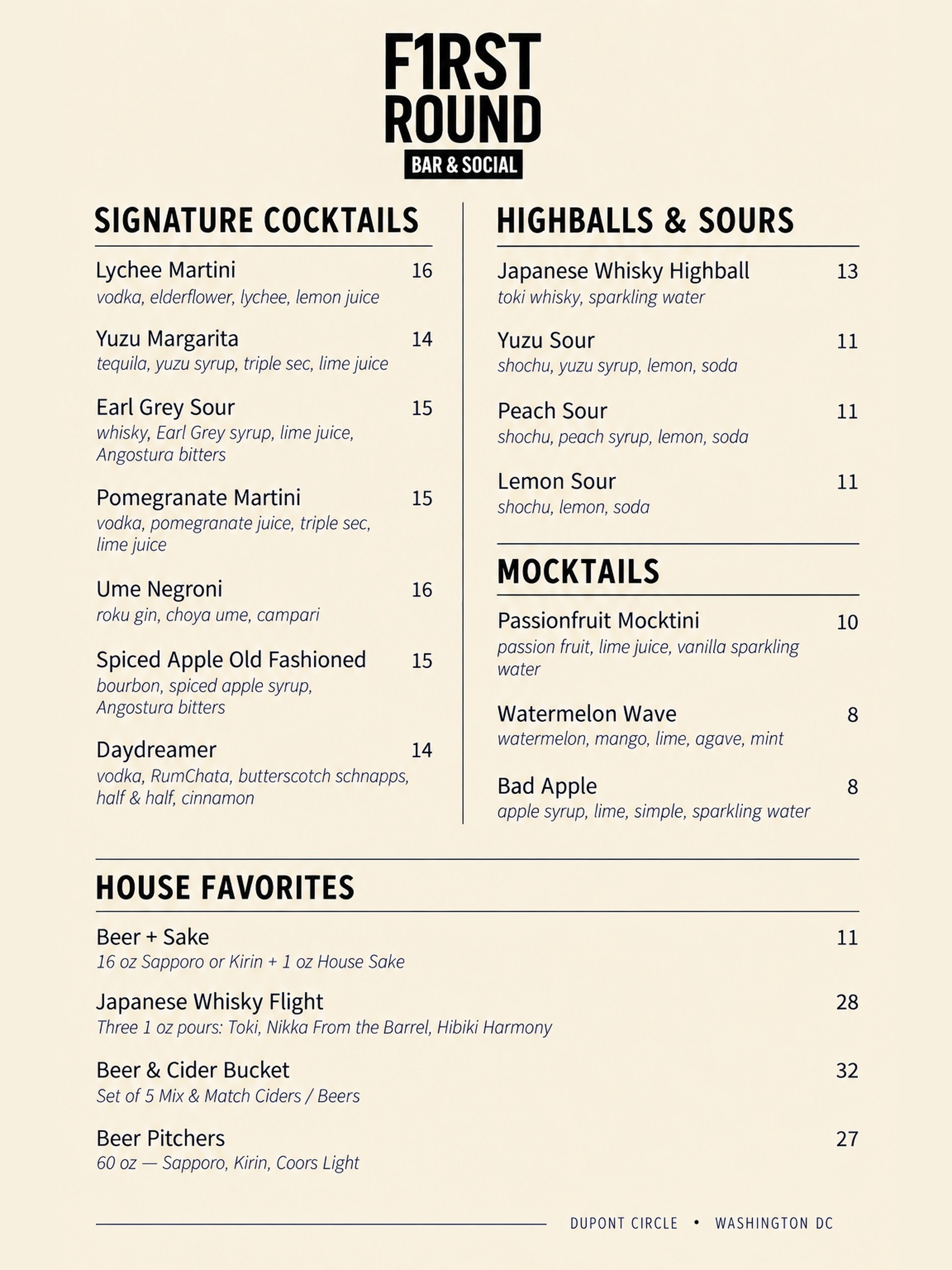 Part of a menu with sections for cocktails, highballs, sours, mocktails, and house favorites, listing drinks and ingredients with prices.