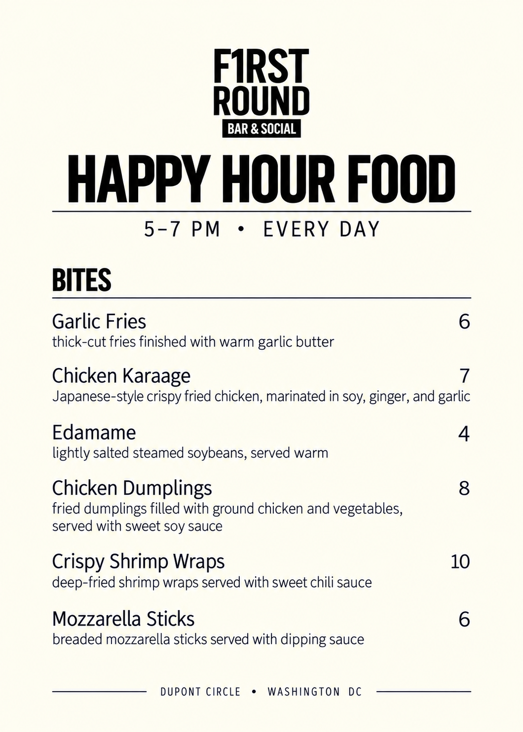 Menu from F1rst Round Bar & Social offering happy hour food from 5 to 7 PM daily, including garlic fries, chicken karaage, edamame, chicken dumplings, crispy shrimp wraps, and mozzarella sticks.