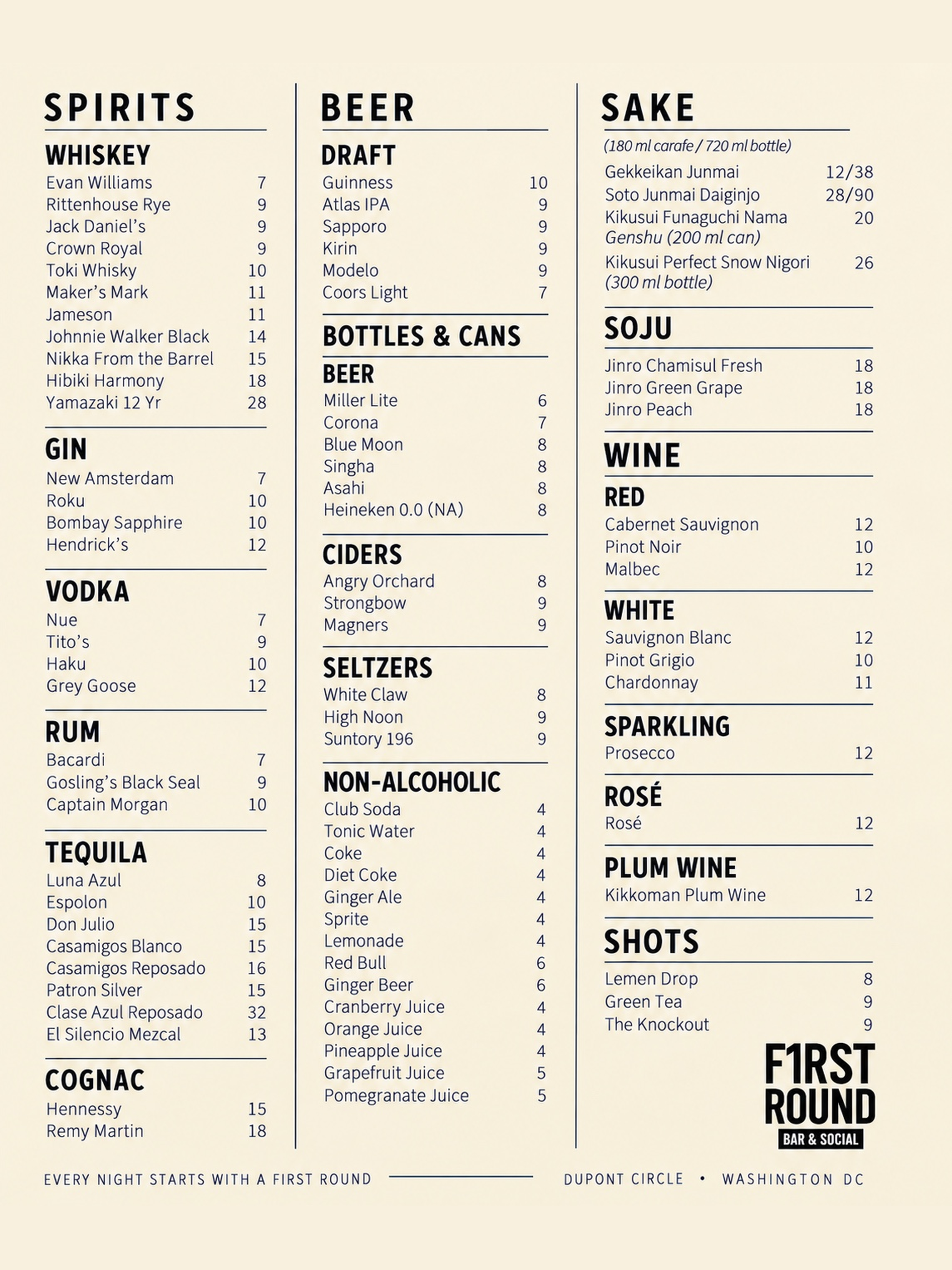 Bar menu showing categories for spirits, gin, vodka, rum, cognac, non-alcoholic drinks, beer on draft and bottles, sake, soju, wine, sparkling wine, rosé, plum wine, shots, and first round. Each category lists various drink options with prices.