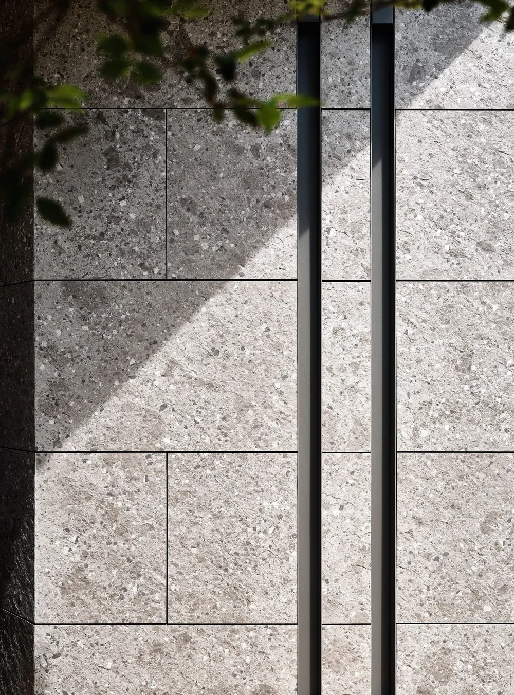 Close-up of a modern door with a textured stone surface and black metal handles, with shadow and plant leaves in the upper left corner.