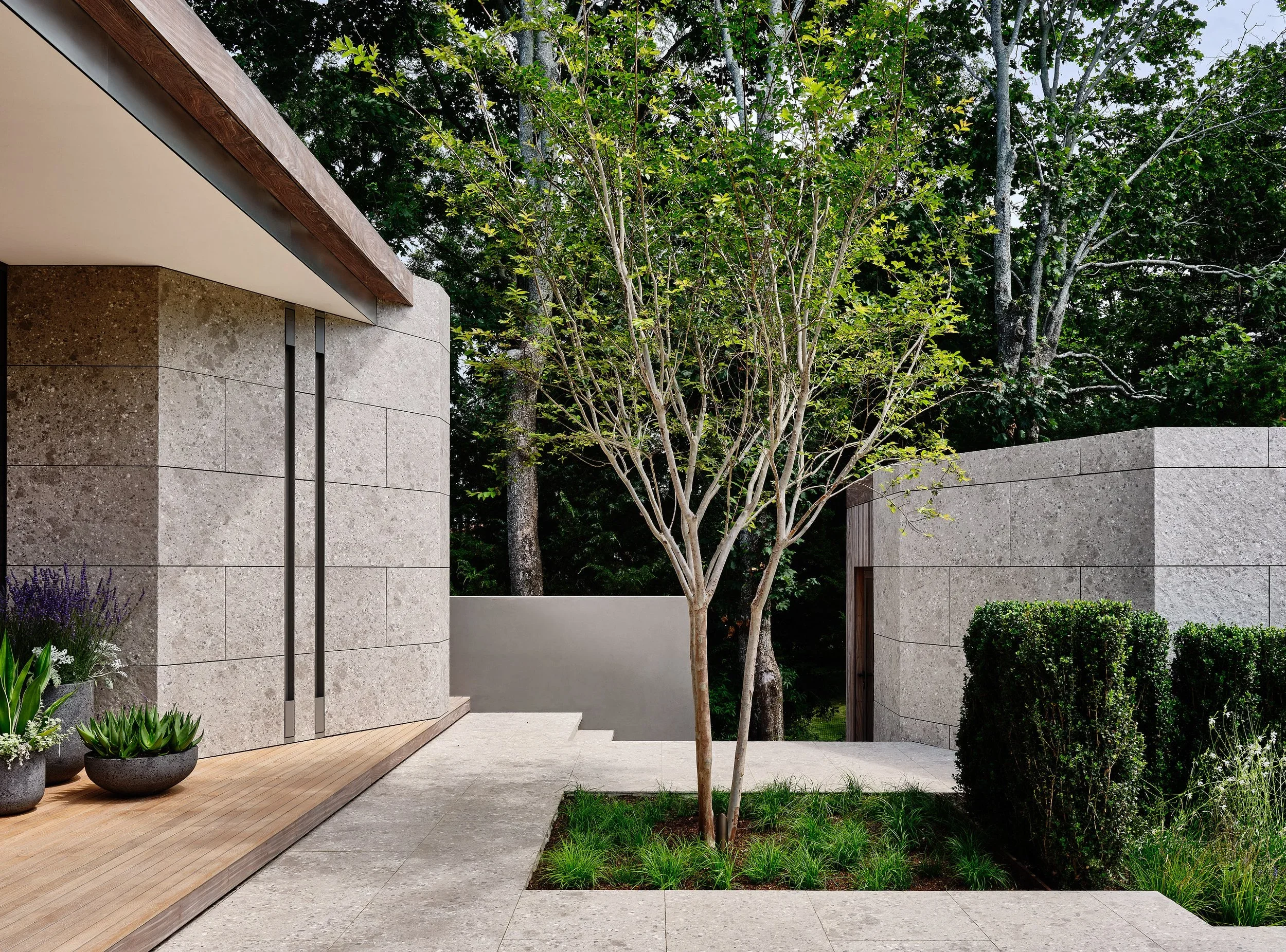 Modern house exterior with concrete walls, wooden decking, and landscaped garden including trees and shrubs.