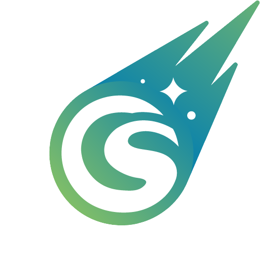 The Comet Shot Games Logomark, a stylized comet with a fluid, connect "CS" for the company's initials.