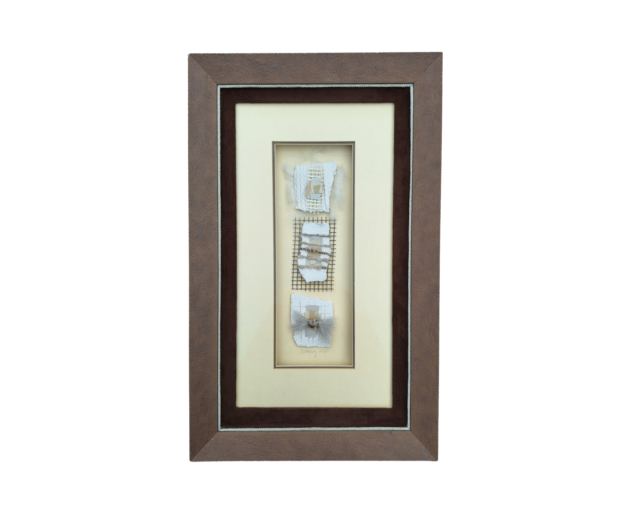 This is a shadow box of art work disposed of by a customer that wanted it's frame for a different piece.  I was happy to reframe it for myself.  Working from the outside - in, the frame has a rock like texture, you can see by zooming in. A thin neutr