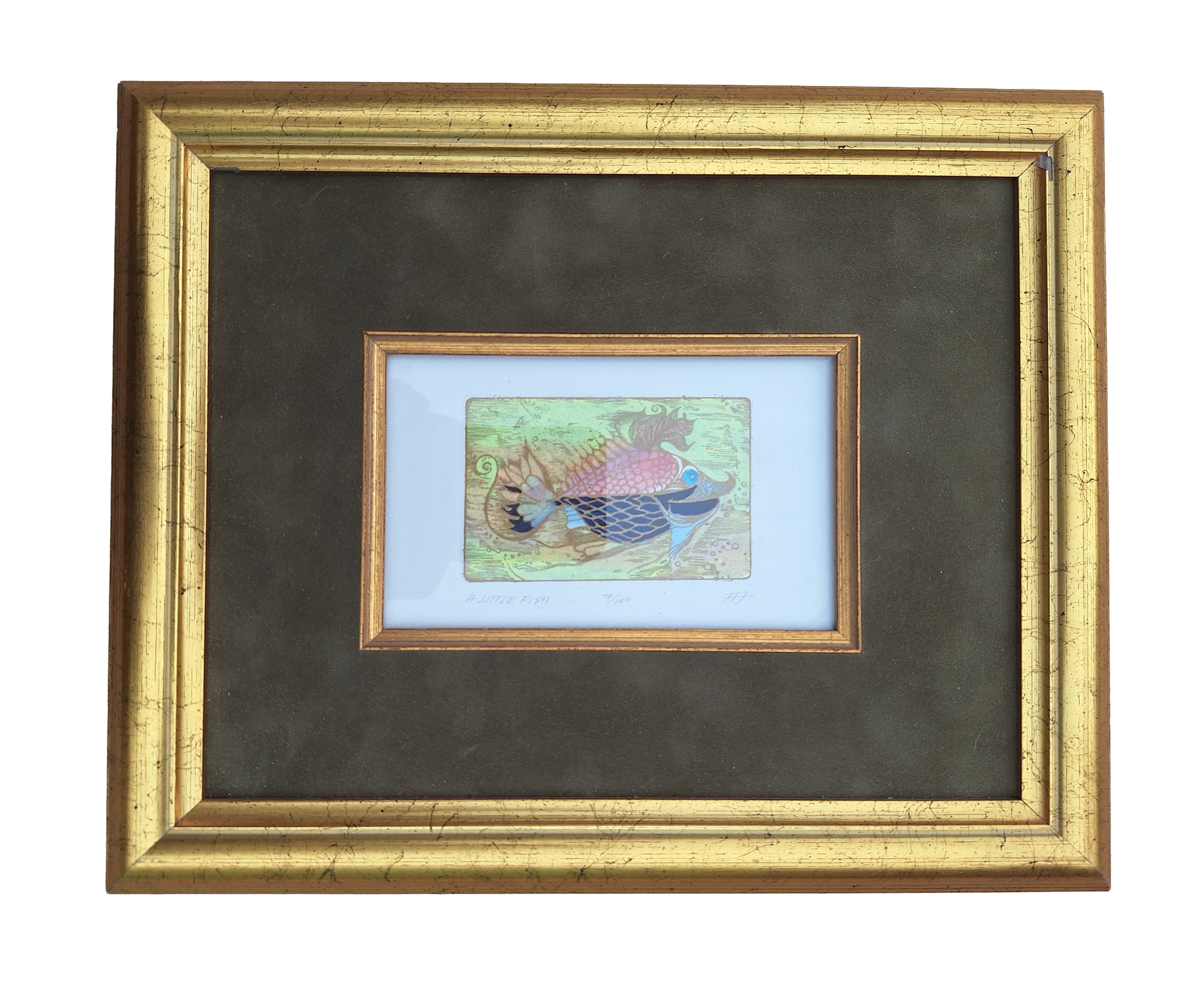 To appreciate this piece, you should know the mat opening fits a 5" x 7" museum quality glass.  A filet separates the art from the suede like fabric mat. It is a signed and numbered print from the West Coast Art And Frame conference in Vegas. 