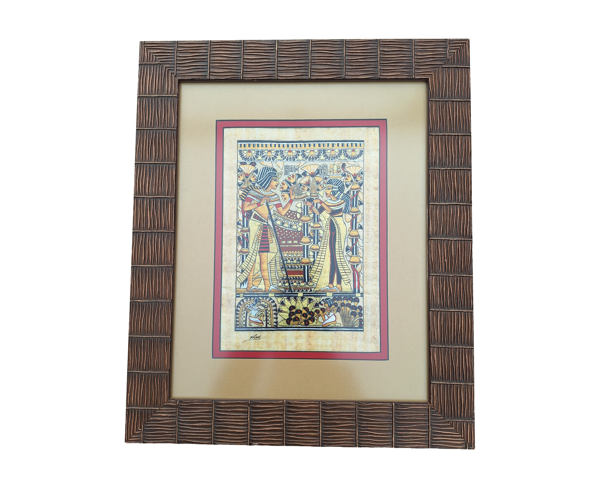 This print on papyrus was a challenge. I  searched a long time to find just the right frame. Once I had the frame I struggled with the mat choices. Finally I asked my grandson  what mat combinations he liked best. I think he made a good choice. Notic