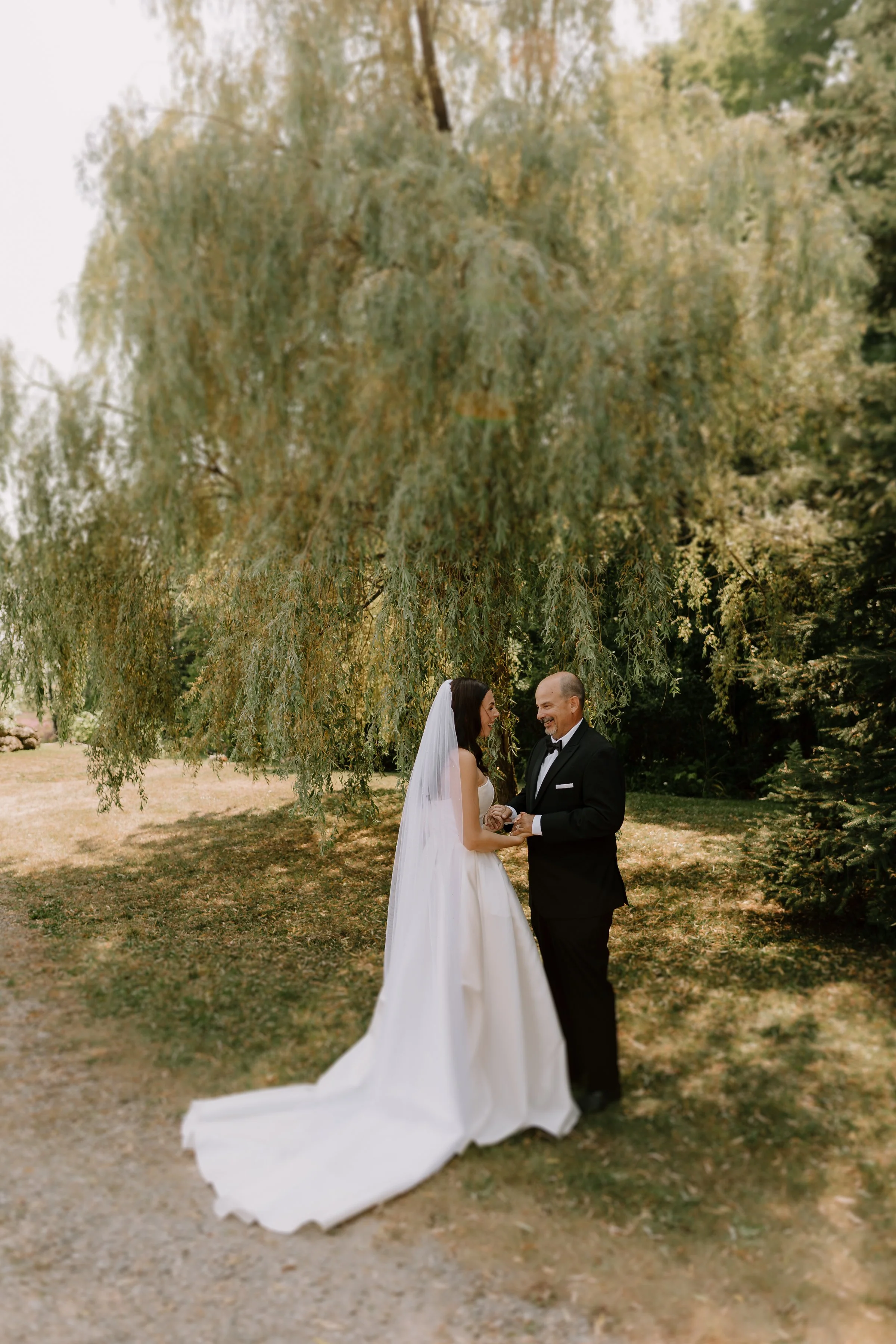 A bride and groom holding hands and facing each other outdoors under a large tree.