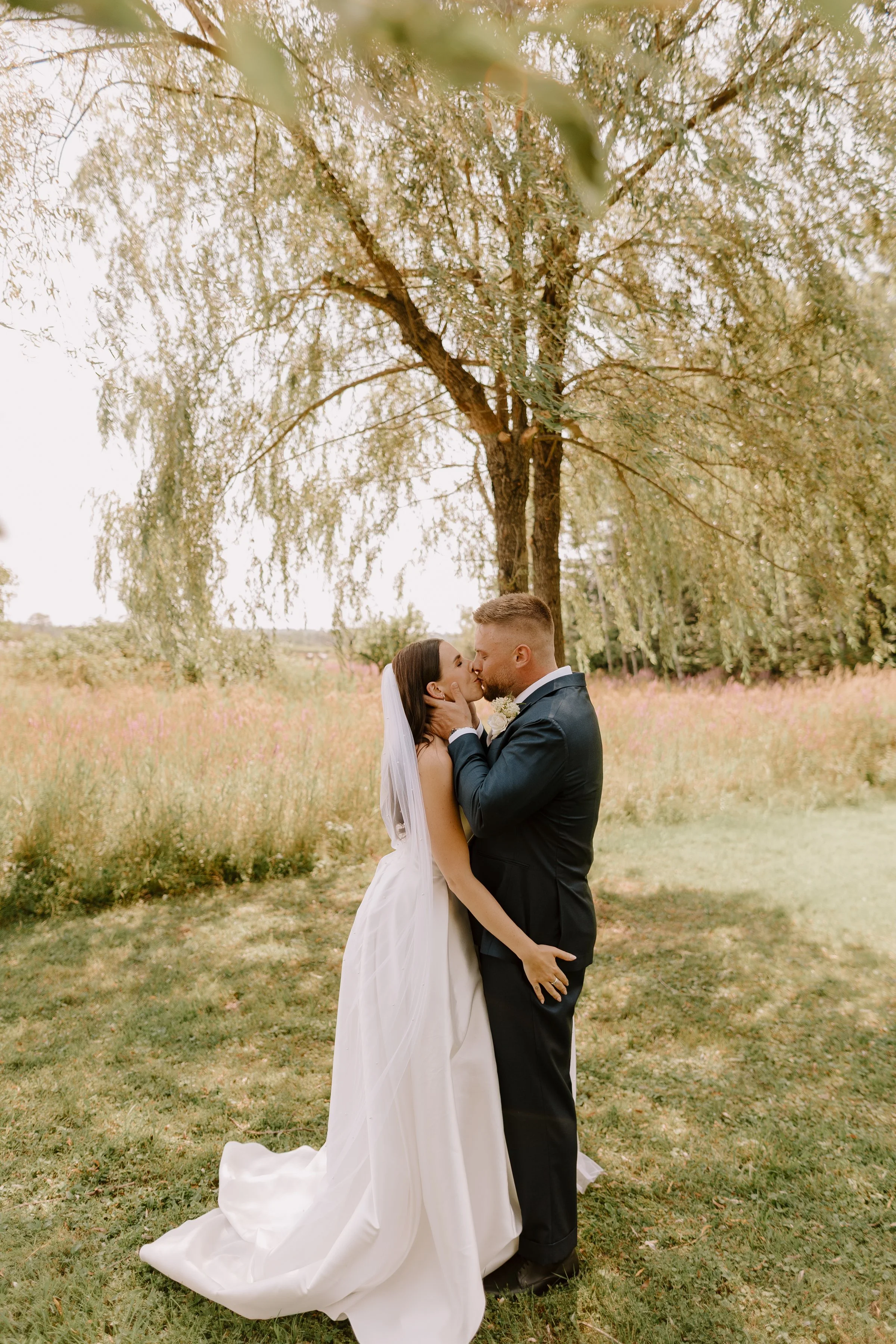 A bride and groom sharing a kiss outdoors beneath a large leafy tree on a grassy field, with the bride in a white wedding dress and veil, and the groom in a dark suit, during daytime.
