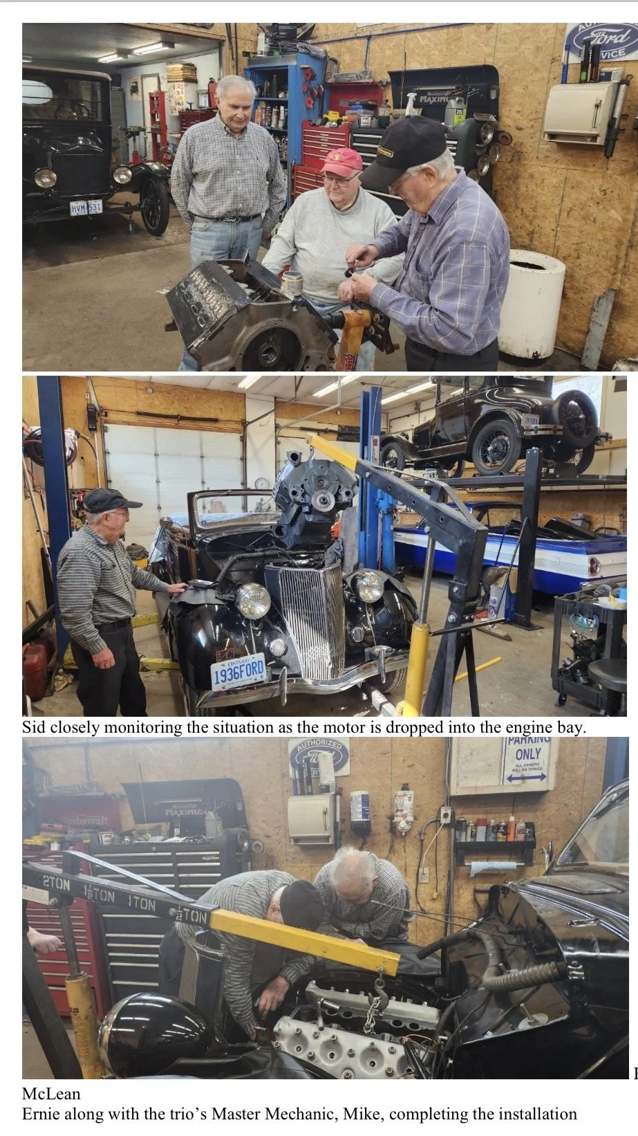 Three separate photos of vintage car restoration in a garage. Top photo shows three men, two working on a car engine, one observing. Middle photo features a vintage black car with the hood open, on a lift in a garage. Bottom photo depicts two men exa