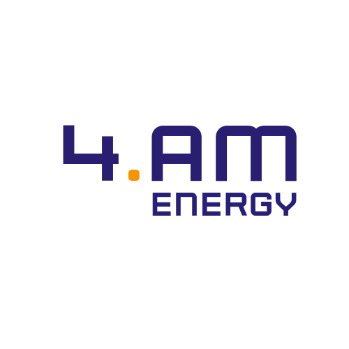 Logo with the text '4 AM ENERGY' in purple, with a small orange dot between the '4' and 'AM' on a black background.