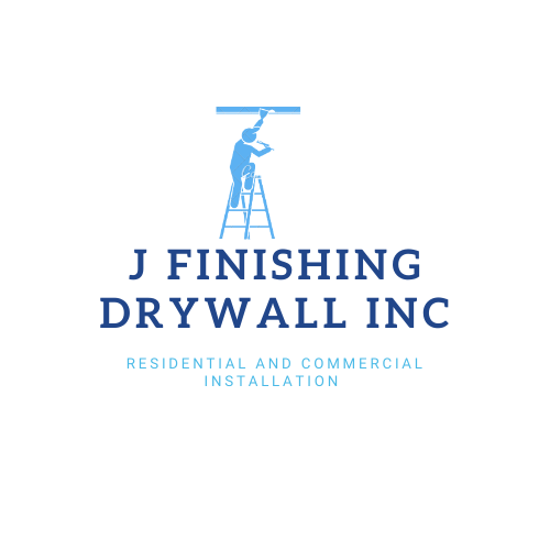 A logo for J Finishing Drywall Inc featuring a person on a ladder installing drywall, with the company name and services listed below.