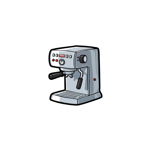 Illustration of an espresso machine with buttons and a portafilter.