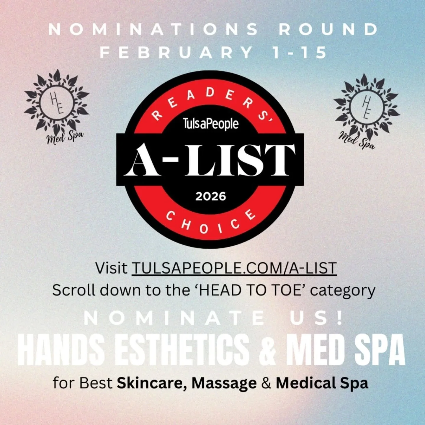 It&rsquo;s that time of year once more! We invite you to nominate us for the Tulsa People Choice A-List 2026. We are thrilled to be your A-List Spa!

To participate, visit www.tulsapeople.com/a-list, scroll down to "Head To Toe," and look f