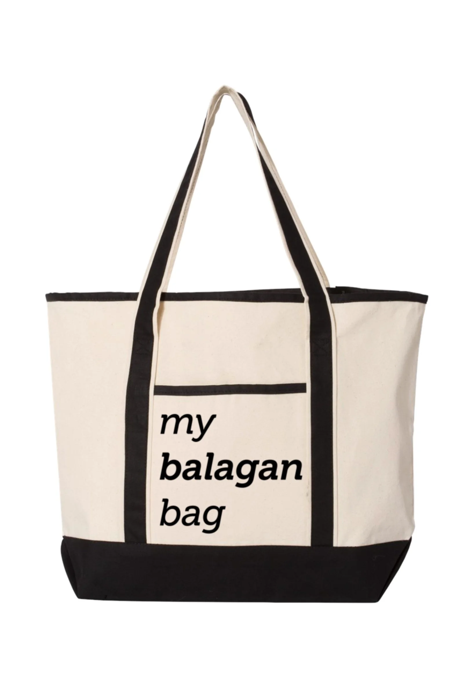 A beige canvas tote bag with black handles and black bottom, featuring the text "my balagan bag" on the front.