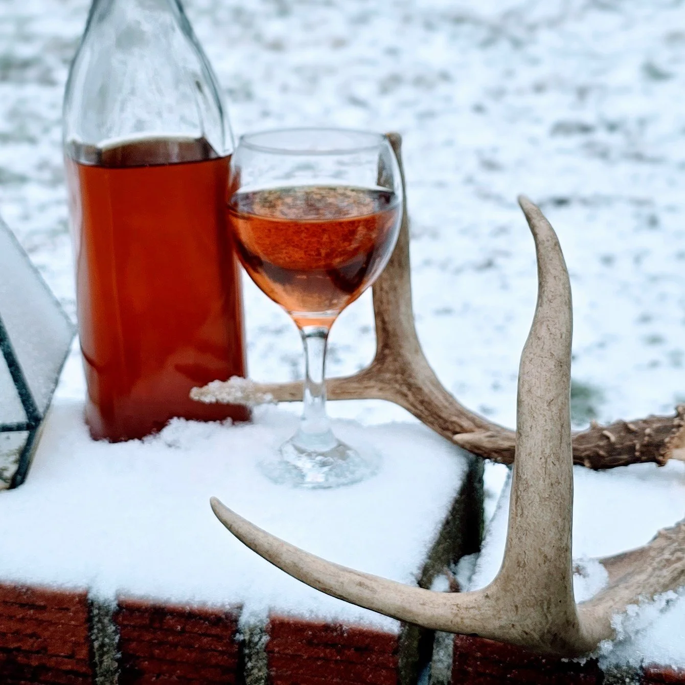 A bottle and half-filled glass of mead on a snowy surface, with antlers and a piece of wood in the background.