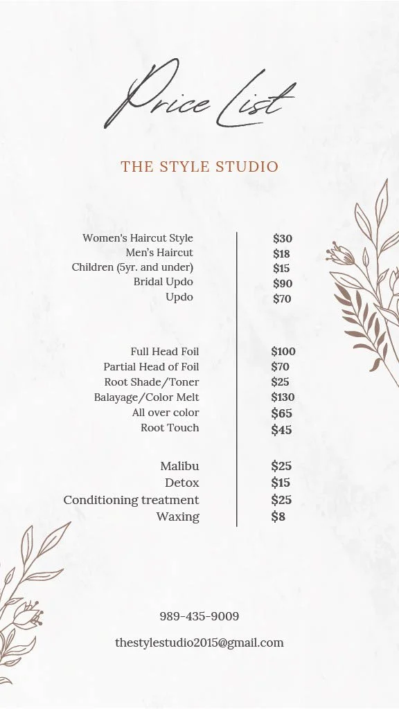 Prices for The Style Studio Hair Salon