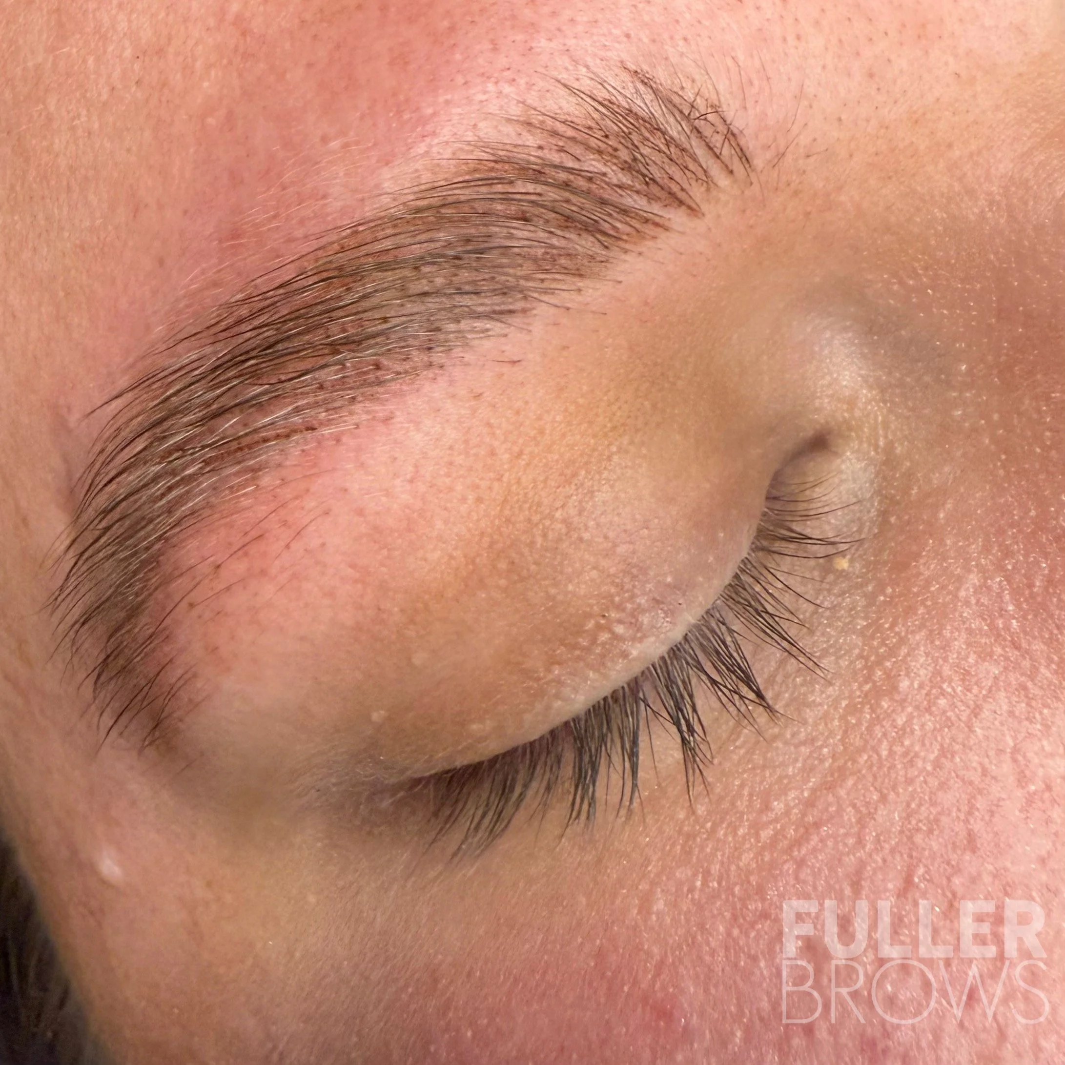 Close-up of a person's closed eye, highlighting well-groomed eyebrows and long eyelashes, with skin showing natural texture and a few tiny pores.