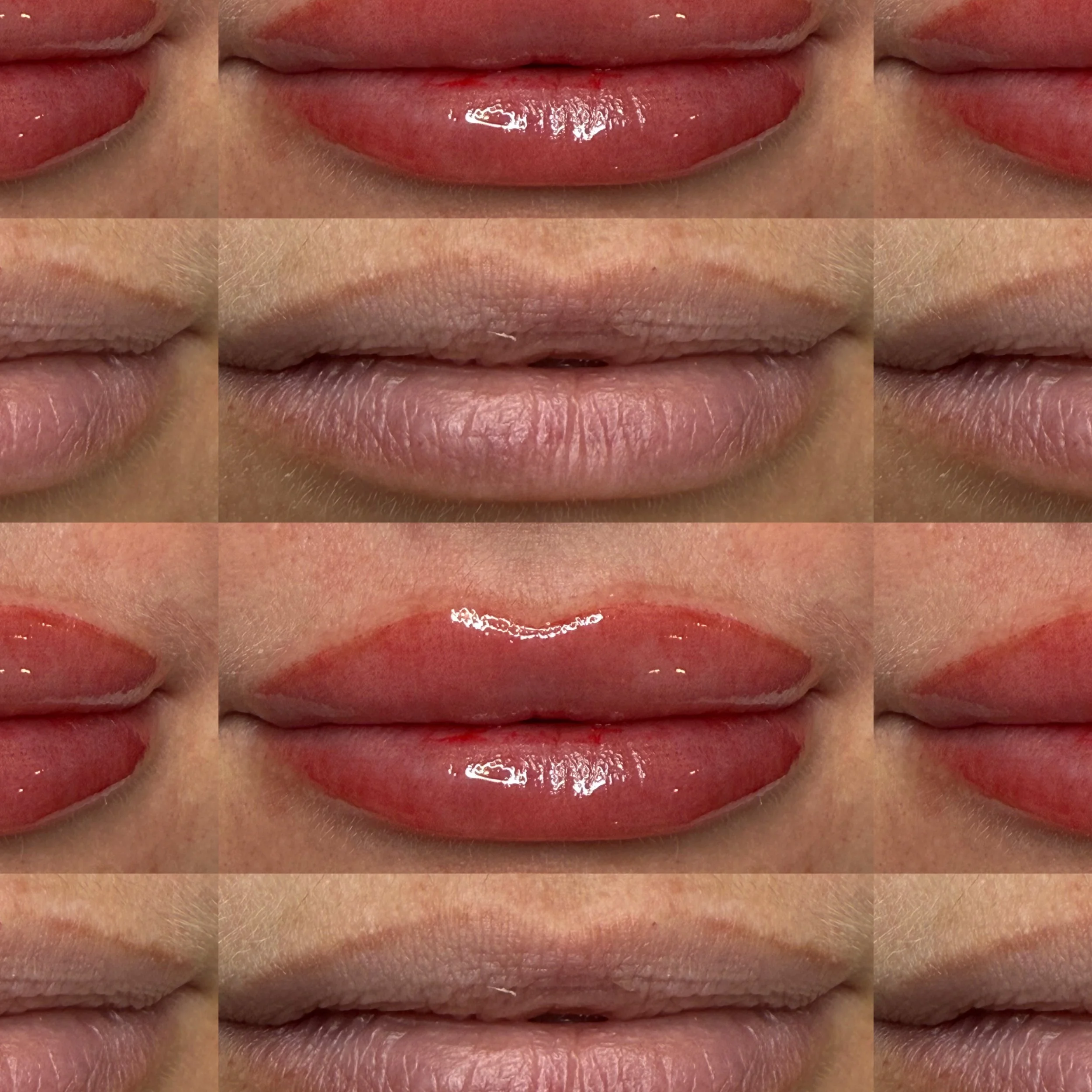 Close-up collage of lips before and after applying lip gloss, showing changes in glossiness and color.