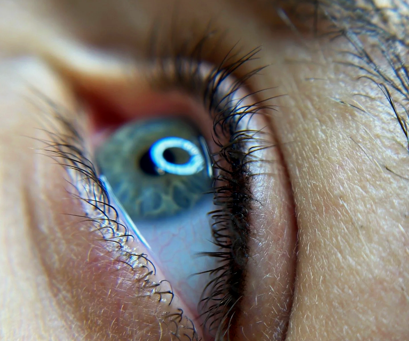 Close-up of a human eye with blue iris and long eyelashes, reflecting a bright light.
