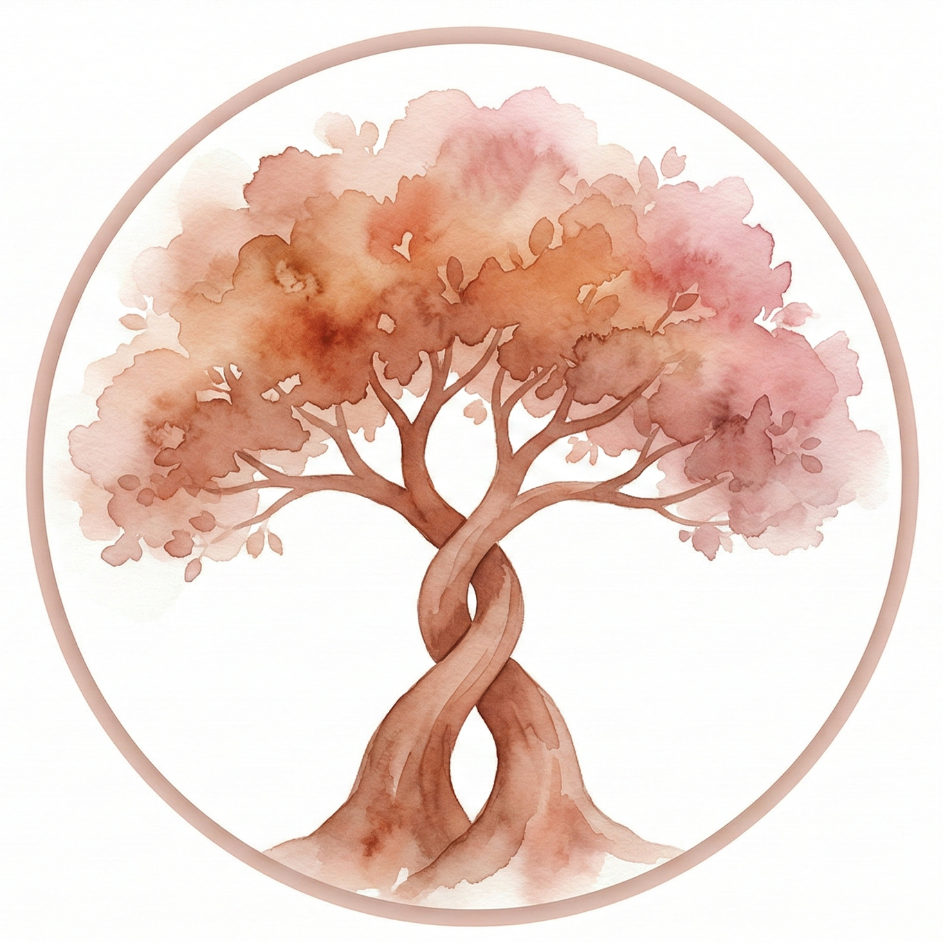Soft watercolor illustration of a stylized tree with two intertwined trunks, blooming in earthy terracotta and burnt orange tones, symbolizing connection and growth